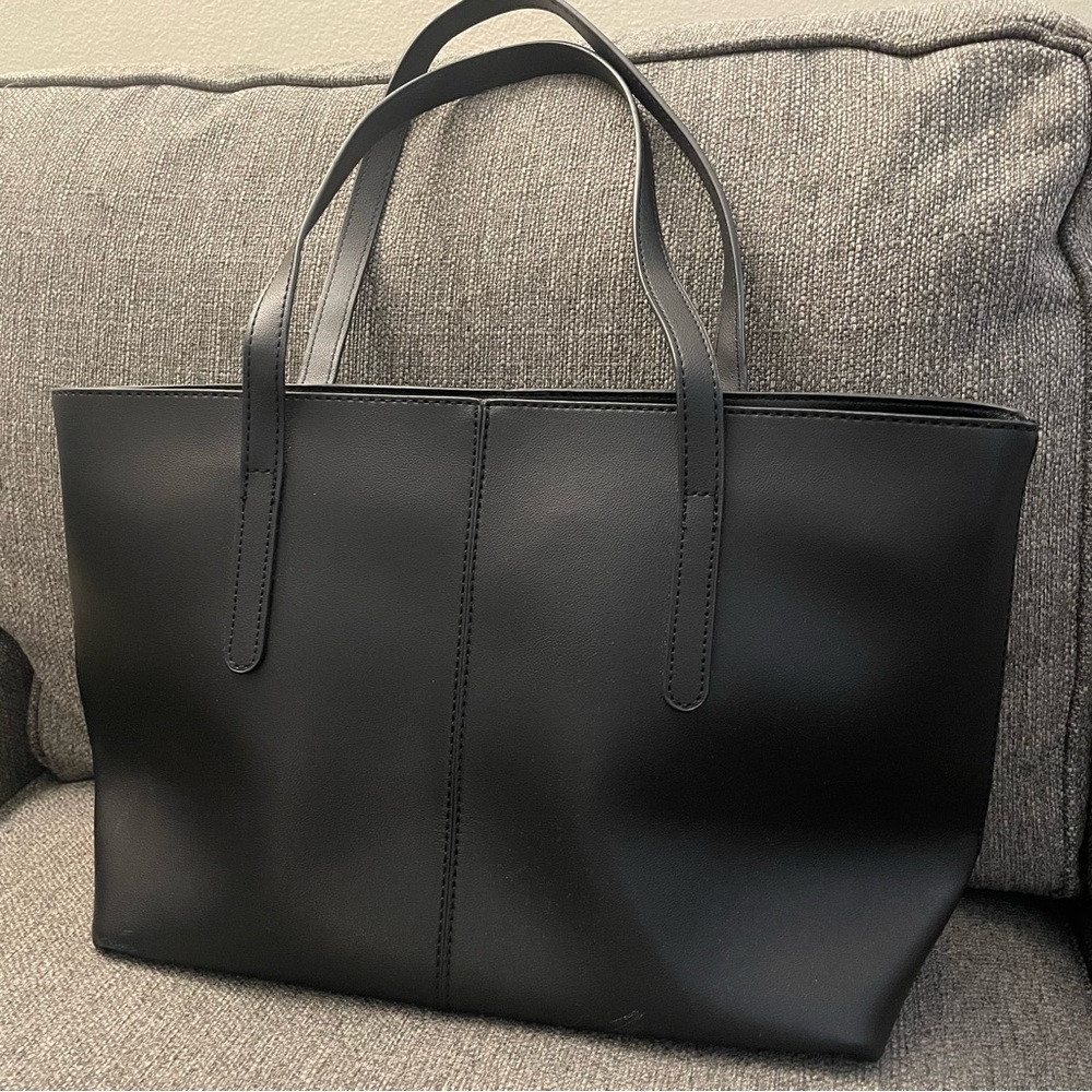 Faux Leather Triple Compartment Tote Bag in black with zippered top closure